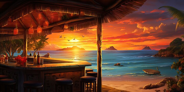 AI Generated. AI Generative. Vacation beach island sand sea ocean bar pub at sunset. Night party fun relaxing vibe with beautiful nature landscape on background