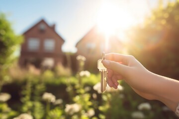 estate agent, Woman Holding Golden Key in Front of Modern House with Beautiful Garden and Happy Kids