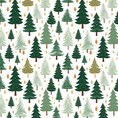 Obraz premium Green pine trees on white background, watercolor seamless Christmas pattern, Generative AI