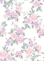 Tuinposter Watercolor flowers pattern, neutral tropical elements, green leaves, white background, seamless © Leticia Back