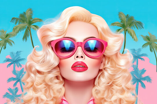 60s beauty blonde woman wearing trendy pink sunglasses. Retro style Pin up girl