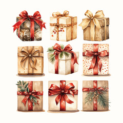 watercolor set of christmas gift boxes