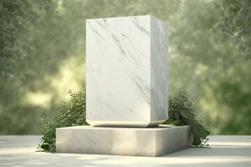 3D rendered marble podium against natural background for displaying products. Generative AI