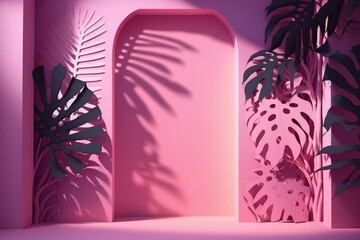 Pink abstract room with flower shadows, palm leaves, and copy space. Blurred background for product presentations, concerts or events. Generative AI