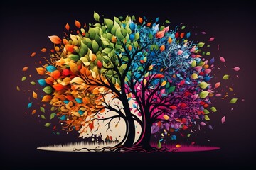 Colorful tree illustration representing mixed shapes and colors. Generative AI