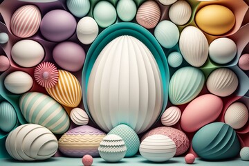 Fototapeta na wymiar Colorful Easter egg backdrop with white and soft-hued eggs displaying various patterns in 3D. Generative AI