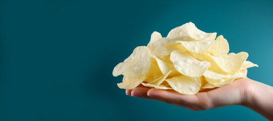 Cottage Cheese chips. Female hand holding cottage cheese chips on green background. Low fat product for healthy food and diet. Generative AI content.