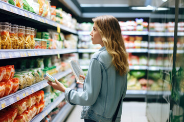 Woman in the Supermarket Carefully Evaluating Products on Shelves, Making Informed Choices for Her Shopping Cart.