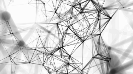 Black and white polygonal space. Structure of dots and connection lines. Digital background. Weaving effect. 3d.