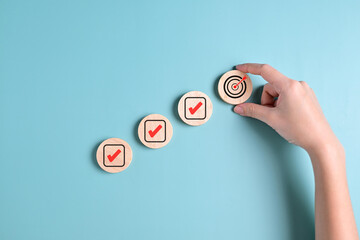 Goal and correct icons with magnifying glass, Business strategy planning management, Business...