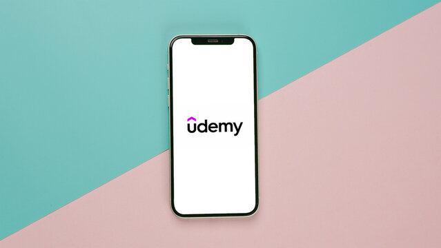 Udemy app on the mobile phone screen, online learning application: Kolkata, India - August 03 2023