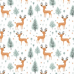 Naklejka premium Watercolor winter seamless pattern with deer and pine trees Generative AI