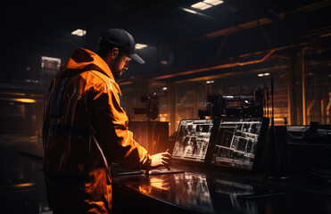 Side view of a male engineer wearing orange romper and black cap. Professional stands at the working computer screens in the dark interior. Generative AI.