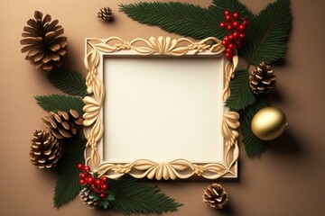 Top view of a simple Christmas frame with decorations, perfect for a greeting card or wallpaper background. Generative AI