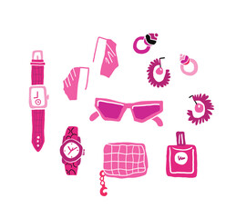 Vector illustration of woman accessories set. Hand-drown objects illustrations. Vector illustration