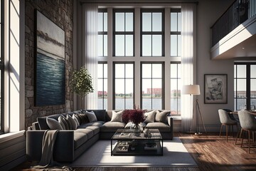 Obraz na płótnie Canvas High-end flats featuring wide sea vistas from panoramic windows, sleek decor, stone accent walls, and loft-inspired elements. Generative AI