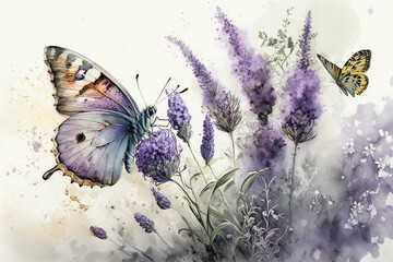 Lavender flowers and butterfly in scenic watercolor nature scene. Generative AI