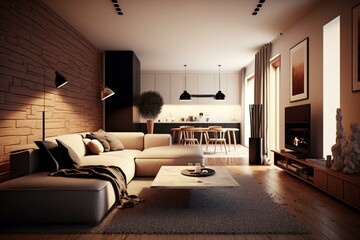 Obraz na płótnie Canvas A warm modern living room with a scabble board. Generative AI