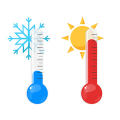 Transparent thermometers. Vector hot and cold temperature thermometers with sun and snow symbols. Celsius and Fahrenheit. 