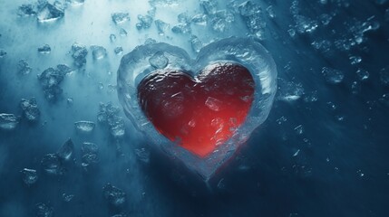 A red heart frozen in ice as a symbol of betrayal in love. Cold feeling. Generative AI illustration for cover, card, postcard, interior design, decor or print.