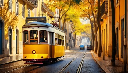 Fototapeta na wymiar Old yellow tram on a Lisboa street Generative AI