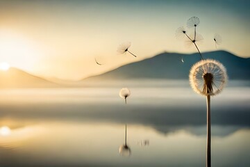 dandelion on sunset background generated Ai.