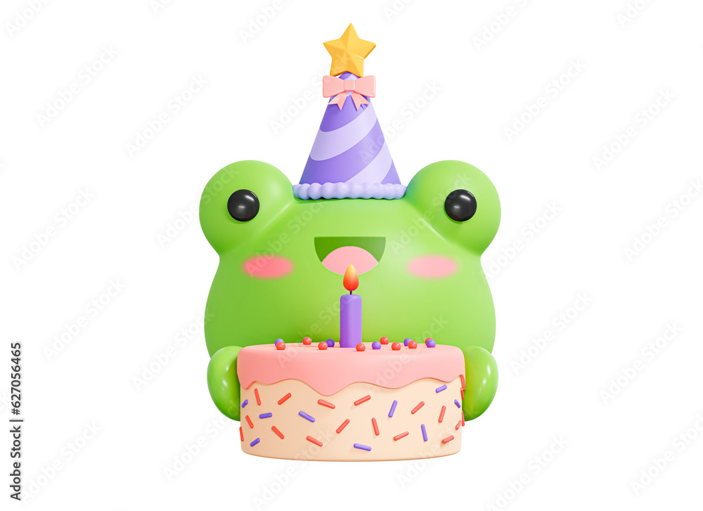 Wall mural 3D Cute Birthday Frog in Party Hat with pink Cake. Celebration animal. Kawaii character emoji. Happy toad. Festive party. Cartoon creative design icon. 3D Rendering