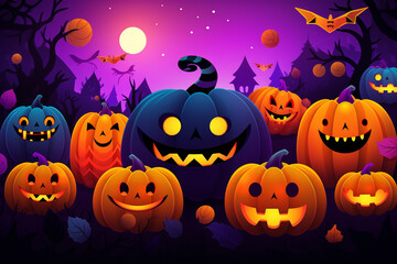Spooky halloween illustration, pumpkins castle, dark, cartoon style for kids. High quality photo