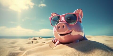 Fototapeta na wymiar piggy bank at the beach saving money for travel fund.