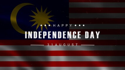 Independence day celebration animation of Malaysia, text 31th august with waving Malaysia flag background.
