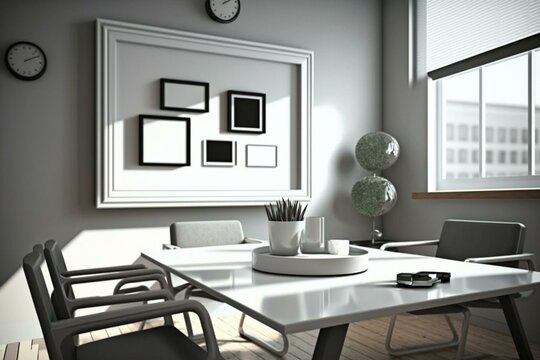Contemporary meeting space with empty picture frame, sunlight, equipment and furniture. Business workplace 3D design. Generative AI