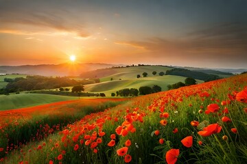 field of poppies and sunset generated Ai.