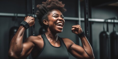 Fototapeta na wymiar training in gym, black african Sportswoman in Top Giving Thumbs Up in Spacious Modern Fitness Studio