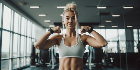 Fototapeta na wymiar training in gym, White European Blond Sportswoman in Top Giving Thumbs Up in Spacious Modern Fitness Studio