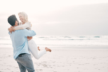 Beach, love and man carry woman on holiday, vacation and romantic weekend for anniversary. Mockup...