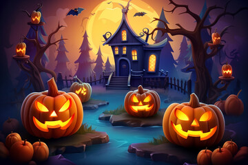 spooky halloween illustration for kids carwed pumpkins and copy space in the middle. High quality photo