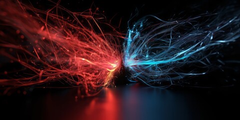 background, Theatrical Display of Blue and Red Electrical Conductors with Energy-Charged Spark