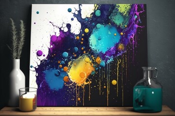 Colorful abstract design with paint spots, matte and shiny effects, and light reflections. Perfect for postcards and interior decor. Generative AI