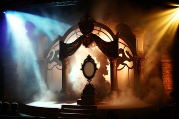 Extravagant stage set up with atmospheric lighting and a theatrical fog effect on a raised display podium. Generative AI