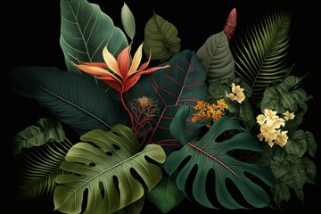 Exotic foliage on dark backdrop. Generative AI