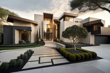 Contemporary mansion with landscaped yard embodies chic architectural style. Generative AI