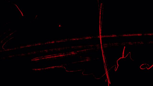 Red grungy scuff and sketch effect on black screen. Stock art video in 4K with alpha channel. Clip with old cinema film for overlay.