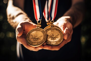 Holding medals for victorious athletes. Photo generative AI
