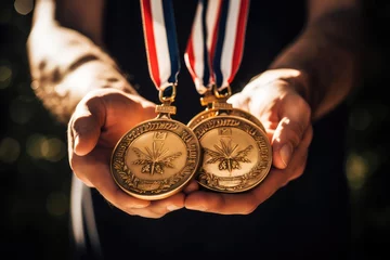Fotobehang Holding medals for victorious athletes. Photo generative AI © pixardi