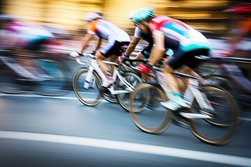 Motion blurred cyclists in colorful image.Trocadéro, Paris . Photo generative AI - obrazy, fototapety, plakaty