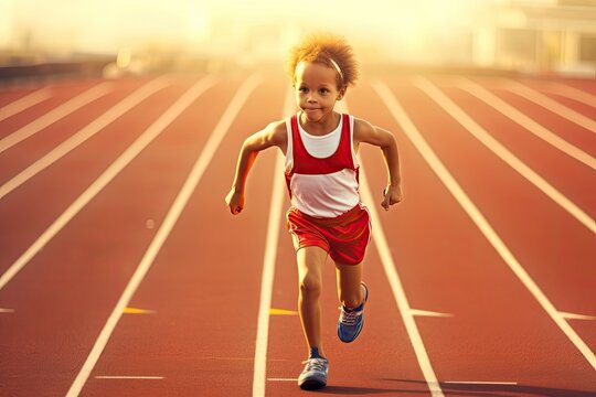 Little track runner wins gold medal. Photo generative AI