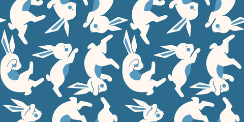 Funny seamless wallpaper with cute funny jumping rabbits. Whimsy stylized adorable tile background for home decor, fabric. Cozy printable backdrop.
