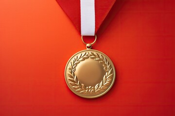 Gold medal on red background. Photo generative AI