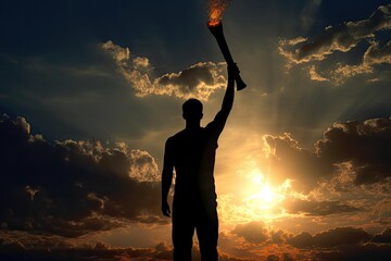 Man holding torch on sunset cloud background. Photo generative AI - Powered by Adobe