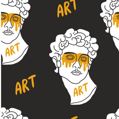 Seamless pattern with greek sculptures. Men faces. Stylish black background. pop art, modern antiquity. Vector illustration